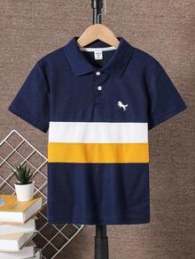 SHEIN Vacaura Áo polo tay ngắn kẻ sọc phối màu phong cách thường ngày cho bé trai tuổi teen, mùa hè. - Xanh đậm - Xem 3