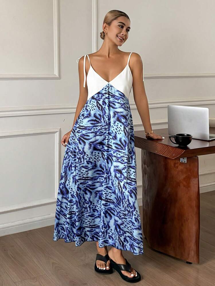 Summer Vacation Style Color Block Leopard Print Sleeveless Long Nightgown For Women