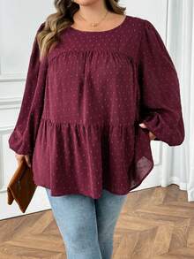 SHEIN CURVE+ CURVE PLUS /Ngày Valentine/Áo kiểu nữ cỡ lớn dáng rộng tay phồng xếp ly màu đỏ tía, trang phục mùa thu, trang phục mùa đông, áo kiểu boho, áo dài tay cỡ lớn cho nữ, trang phục năm mới/2026/Năm mới - Màu Đỏ Sâu - Xem 9