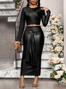 SHEIN Lady 女士优雅通勤修身上衣和半裙两件套 - 黑色 - 查看 4