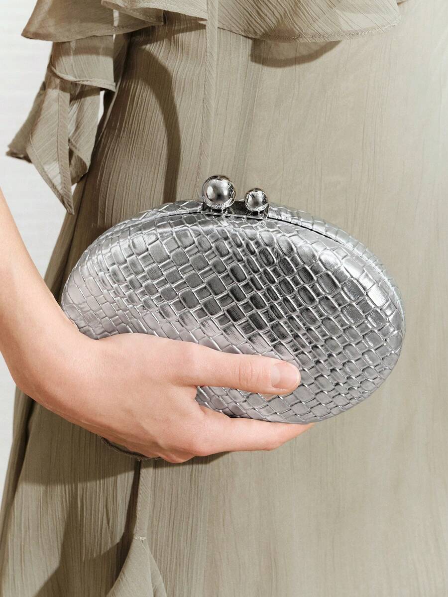 Bolso de mano con textura plateada elegante y de moda para fiesta - Plateado - Ver 1