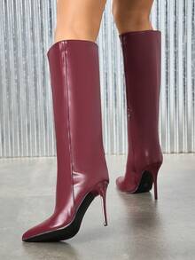 Daringsoles 女士尖头性感过膝长靴，侧拉链，PU皮革，秋冬季，派对/假日 - 酒紅色 - 查看 5