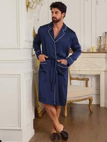DAZY Conjunto de bata larga y pantalones cortos azul para hombre, primavera/verano - Azul - Ver 7