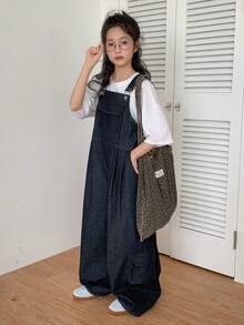 Dazy Kids 少女休闲褶裥口袋牛仔连体裤，日常百搭 - 藏蓝色 - 查看 2