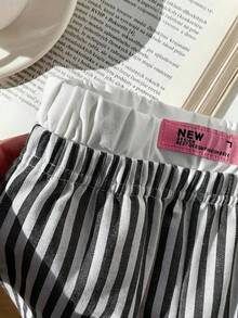 SHEIN LMoss Kids Quần dài cạp chun kẻ sọc hồng dễ thương, đa năng cho bé gái, thích hợp cho mùa xuân/hè. - màu đen - Xem 5
