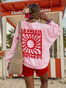 DrmWander 女士度假风休闲字母太阳印花圆领落肩长袖卫衣 - 粉色 - 查看 4