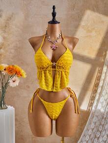 Bellisia Bộ bikini hai dây màu vàng, chất liệu vải dệt họa tiết, thích hợp cho kỳ nghỉ hè/xuân, 26SS. - Màu vàng - Xem 6