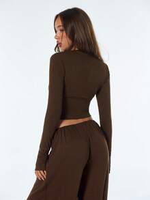 SHEIN ICON Women's Brown Casual Going Out Solid Color Front Button Fitted Casual Long Sleeve Top, Spring To Summer - Brown - View 2