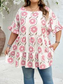 SHEIN CURVE+ Curve 尺码 US22 音乐节、海滨度假、波西米亚风女士夏季休闲度假褶皱碎花灯笼袖复古衬衫 波西米亚度假 - 彩色 - 查看 4