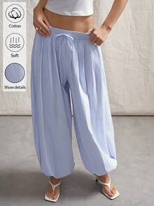 SHEIN ICON Pantalones holgados de mujer con estampado de rayas, cintura con cordón, apropiados para ir al trabajo y de vacaciones - Azul y blanco - Ver 3