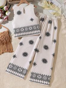 SHEIN 2pcs/Set Casual Commuter Digital Print Sleeveless Top And Elastic Waist Wide Leg Maxi Skirt Set For Teen Girls, Spring/Summer - Apricot - View 2