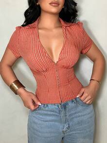 SHEIN SXY 商务休闲红白条纹修身衬衫 - 紅白色 - 查看 3