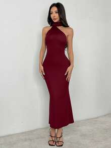 SHEIN PETITE Solid Halter Neck Backless Bodycon Dress Long Bodycon Dress Long Sexy Dress - Burgundy - View 9