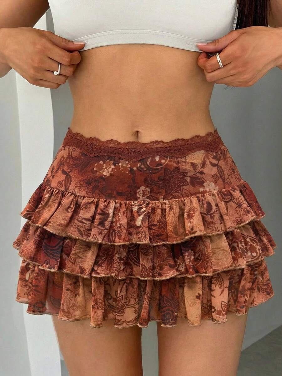 SHEIN SXY BOHO Paisley Vacation Retro Ruffle Hem Midi Skirt - Multicolor - View 1