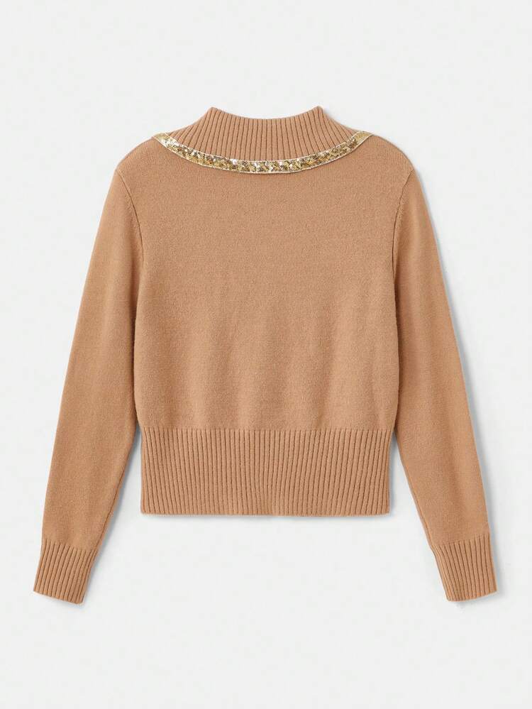 Beige Fitted Knitted Polo Spring Summer Chic Party Top Sparky Top Glittery Top Winter Knitwear Office Going Out