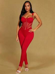 Radiana 春夏婚礼季宾客情人节优雅浪漫红色高弹针织露背修身长款连体裤，饰有五金装饰 - 紅色 - 查看 3