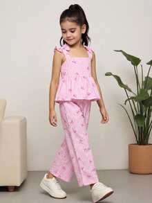 Emery Rose Kids Emery Rose Kids Bộ đồ thể thao thường ngày cho bé gái, thích hợp đi học, nghỉ hè, đi làm, gồm áo hai dây dáng chữ A phối họa tiết, thắt nơ và sọc, kết hợp cùng quần ống rộng cũng phối họa tiết. - Hồng - Xem 6