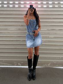 Jeanoix Y2K Women's Button Design Fashion Denim Tube Dress - Light Wash - View 6