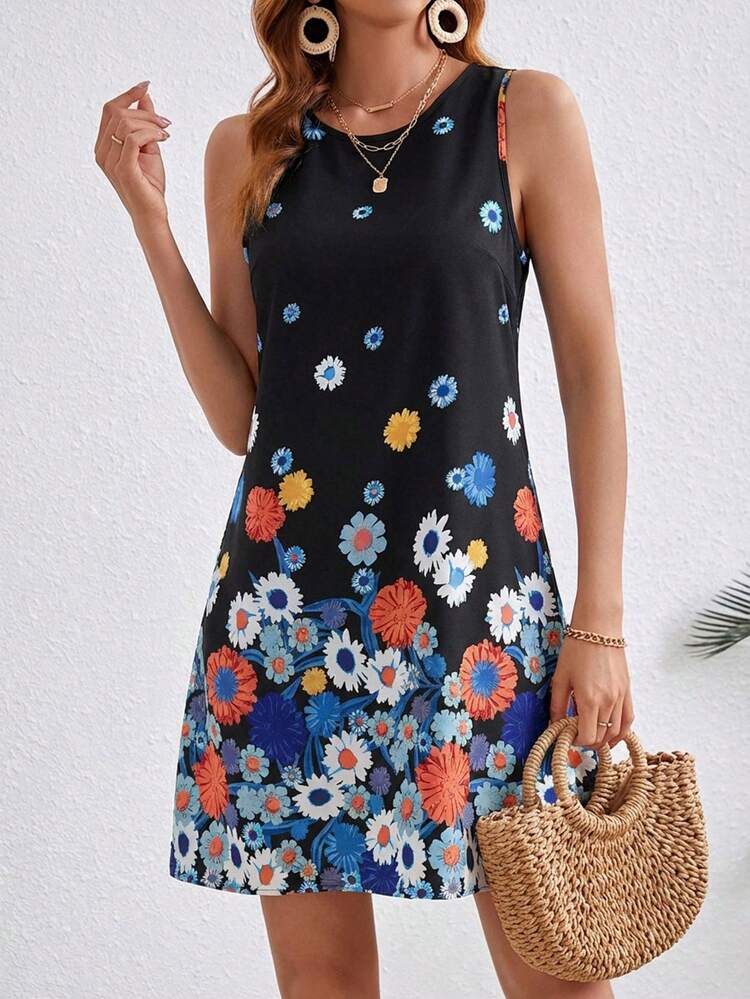 Coeurva Vestido Casual Feminino de Gola Redonda Sem Mangas com Estampa Floral, Adequado para Férias - Preto - Visão 6