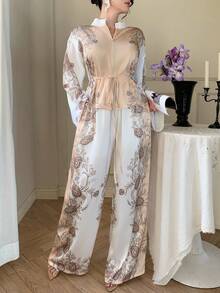 DAZY 女士休闲印花立领抽绳衬衫和阔腿裤两件套，春季 - 杏色 - 查看 9