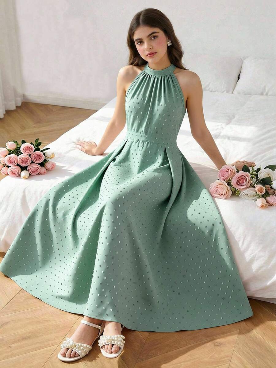 SHEIN 少女绿色露背提花连衣裙，时尚优雅，适合日常穿着、生日、毕业典礼、婚礼等各种场合。 - 綠色 - 查看 1