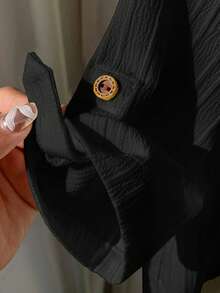 SHEIN 1pc Young Boys' Casual Collegiate Comfortable Linen Mandarin Collar Patch Pocket All-Match Versatile Shirt - Black - View 5