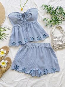 Soleia 春夏新款休闲度假西部海滩婚礼宾客礼服毕业早午餐女装，圣帕特里克节春假复活节音乐节优雅波西米亚热带风情条纹系带露背印花两件套 - 彩色 - 查看 1