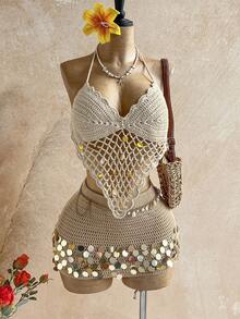 Soleia 女士不对称下摆亮片钩编吊带上衣，适合夏季度假 - 杏色 - 查看 1