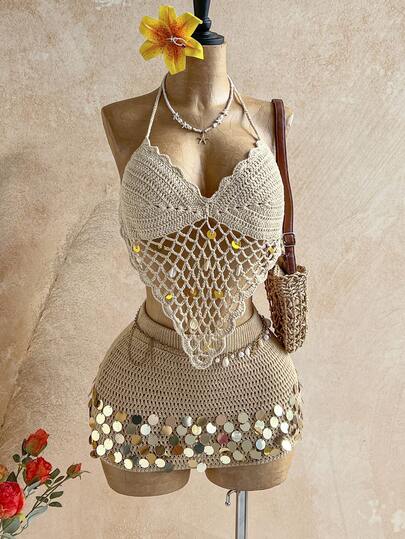 Soleia 女士不对称下摆亮片钩编吊带上衣，适合夏季度假