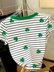 Resyla Áo thun nữ tay ngắn cổ tròn in họa tiết cỏ ba lá kẻ sọc, kiểu dáng thường ngày, thích hợp cho mùa hè. - Nhiều màu - Xem 2