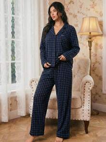 Modelyn 女士休闲宽松格子翻领长袖睡衣套装，秋冬服装 - 彩色 - 查看 3