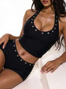 Swim Basics 女士时尚性感金属孔眼吊带背心套装，夏季 - 黑色 - 查看 3