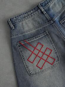 ROMWE MEN Street Life Men's Embroidered Pattern Relaxed Fit Jeans - Dark Wash - View 4