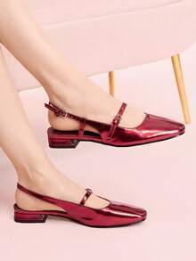 CUCCOO DOLLMOD Giày bệt mũi vuông kiểu Mary Jane màu nâu cà phê bóng, chất liệu da bóng, thích hợp cho đi làm, hẹn hò, dự tiệc, nghỉ lễ, đi học hoặc dịp Giáng sinh. - Màu Hoa hồng đỏ - Xem 2