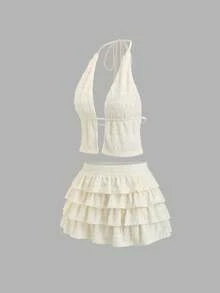 Sweetra Women's Summer New Fashion Versatile Textured Backless Camisole + Mini Skirt 2 Pieces Set - Apricot - View 4