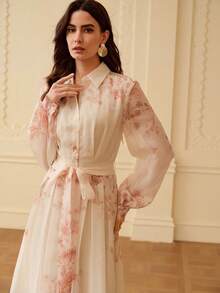 ZEYLAH Vestido camisero elegante de manga larga con estampado floral para mujer - Albaricoque - Ver 6