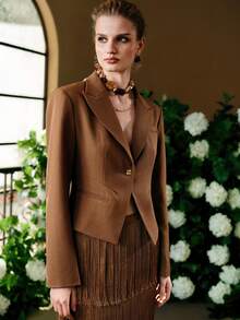 Arave Women's Woven V-Neck Shoulder Gathered Waist Elegant Office Commute Blazer Top, Winter - Camel - View 4