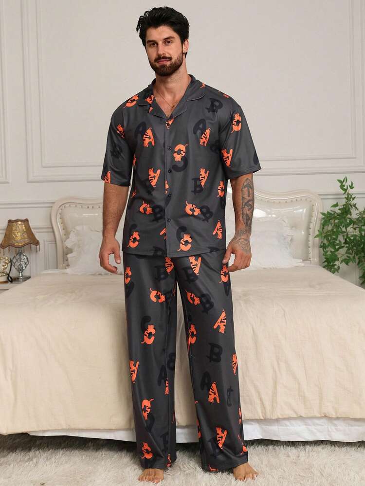 Men's Short Sleeve Top And Long Pants Floral Pajama Set, Spring/Summer