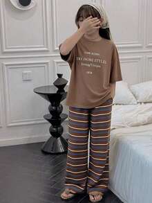 DAZY Tween Girl Letter Print Round Neck Short Sleeve Top And Striped Print Pants Pajama Set - Brown - View 4