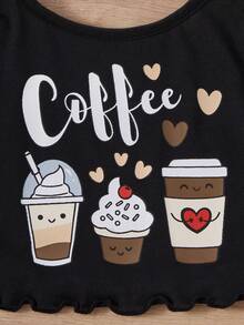 女童时尚可爱咖啡印花短裤和吊带背心两件套休闲家居服套装 - 黑色 - 查看 4