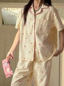 DAZY Conjunto de ropa de estar para niña preadolescente con estampado de corazones y ribete de contraste, otoño - Albaricoque - Ver 6