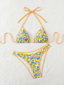 Swim Mod 2pcs Women's Bikini Set + Beach Outfit, Swimsuit For Beach, Pool Party, Spring/Summer, Sweet Vacation Mature Fashionable Retro Romantic Elegant Halter Lemon Random Print Pattern, Bohemian Beach Club Style - Yellow - View 3