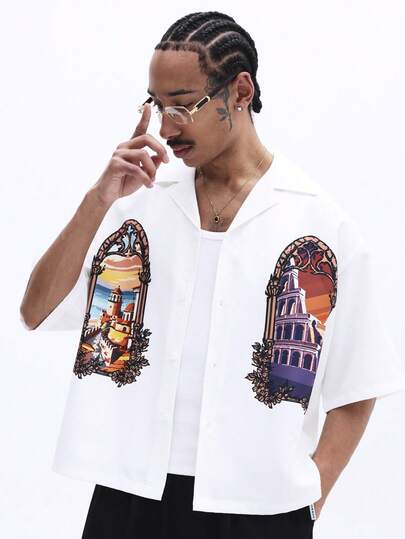 SUMWON Men Oversized White Button Down Shirt With Colorful Gothic Architecture Print And Short Sleeves For Summer Casual Streetwear