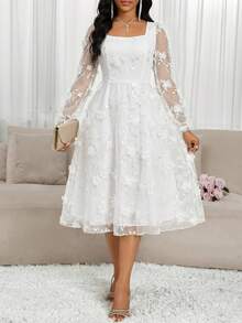 SHEIN Lady Women's Elegant Contrast Mesh Applique Square Collar Long Sleeve Dress, Autumn - White - View 3