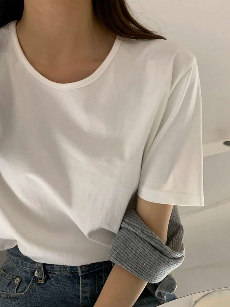 Women's Round Neck Slimming Regular Shoulder Short Sleeve T-Shirt, Solid Color, Summer