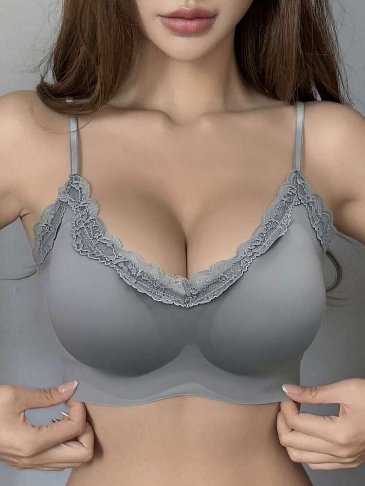 Lace Patchwork Seamless Slight Push Up Adjustable Strap Bra For Women
