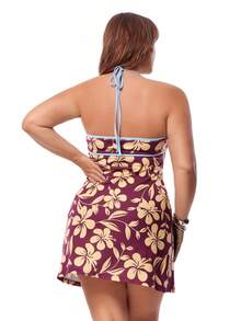 Solavibe Women's Plus Size Pink Floral Halter Neck Dress,Summer Boho Vacation Holiday Resort Wear,Slim Fit Spaghetti Strap Cami Mini Flowy Ditsy Floral Dress - Brown - View 4