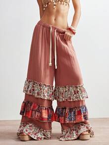 Bohemela Casual Vacation Woven Patchwork Ruffle Hem Loose Wide Leg Women Pants - Red - View 2