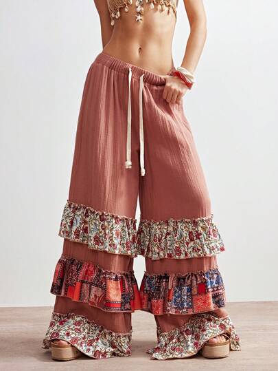Bohemela Casual Vacation Woven Patchwork Ruffle Hem Loose Wide Leg Women Pants