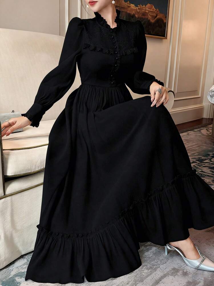 Women's Elegant Lace Patchwork Stand Collar Petal Sleeve Dress, Autumn Sundress